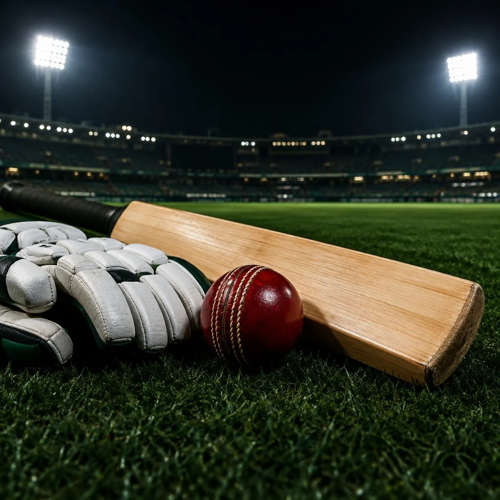 Cricket bat, ball and gloves on a stadium pitch