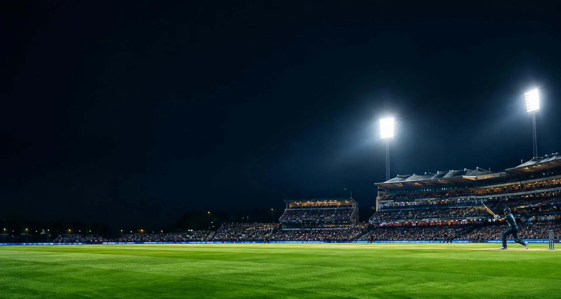 Floodlit cricket stadium at night